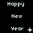 Pixelated text 'Happy New Year' with animated symbols changing from plus signs to stars and dots on a black background.
