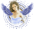 Animated angel icon with brown hair, blue wings, and light blue dress against gray background; circular motion effect around figure.