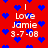 Red background with blue heart shapes and white text reading "I Love Jamie 3-7-08" in a pixelated style.