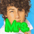 Pixelated image of a person with curly brown hair wearing a white shirt against a blue background, with overlaid text in green, blue, and purple.