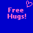 Blue background with pink pixelated text 'Free Hugs!' and a heart symbol above the left instance of the text.
