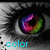 A close-up of a stylized eye with vibrant rainbow-colored iris, surrounded by grayscale fur-like texture and cyan text labels.