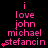 Pixelated pink text on black background reads 'i love john michael stefancin' with small red hearts appearing in sequence across three of identical text blocks