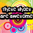 Pixelated image with rainbow gradient background, colorful circular patterns, and overlaid text reading "these shoes are awesome" in blocky font.