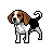 Pixelated 48x48 static icon of a beagle dog with brown, white, and black coloring standing against a gray background.
