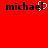 Red background with black text 'michael' on left and right, white pixelated heart replacing the letter 'o' in the middle.