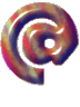 A glossy, 3D-rendered @ symbol with a swirling rainbow gradient on a light gray background.