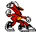Six pixel-art poses of a red anthropomorphic character with white gloves, orange beak-like mouth, and silver shoes on gray background.