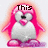 Pixelated penguin with pink hair and white body, standing with arms outstretched, displaying text above its head.