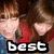 A pixelated image of a person with brown hair and a red shirt, with text reading 'best friend' in white block letters on a black background.