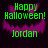 Green text 'Happy Halloween! Jordan' over a purple pixelated smiley face on dark background, with visible animation changes across frames.