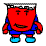 Red cartoon character in blue shorts and shoes with white-capped head, shown in six sequential poses including standing, fist-raising, and pointing gestures.