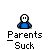 Pixel art of cartoon figures with text bubbles showing phrases like "Parents Suck" and "WHY?" against gray background