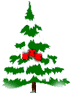 Pixelated green Christmas tree with brown trunk and white snow patches; left side shows unadorned tree, right side adds five colored ornaments.