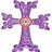 Pixelated purple cross with rounded ends and a central circular brownish-orange ring on white background.