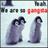 Two pixelated penguin figures stand side-by-side on a light background with red and gray text elements above.