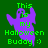 Green background with purple and dark gray ghost figures holding up green text reading 'This is my Halloween Buddy :)' in pixelated font.