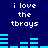 Blue background with white pixelated text 'i love the tbrays' repeated in four quadrants and cyan horizontal bar graphs below each text block.