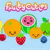 Pixelated fruit-themed icon with smiling faces on orange, watermelon slice, and green apple against light blue background.