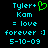Two side-by-side pixelated text displays on black background, each showing 'Tyler+ Kam = love forever :] 5-10-09' with cyan text and green heart symbol on left.