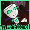 Animated sequence of a white robot with green eyes and purple accents displaying various expressions while text reads 'yay we're doomed' at the bottom.