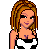 Pixelated cartoon woman with blonde hair in a white and black dress, paired with cow-print pants animation showing leg movement.