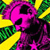 A pixelated image of a pink skull with black eye sockets and a mouth against a yellow and green checkered background.