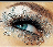 A pixelated close-up of a human eye with brown hair, featuring blue iris and black eyelashes against a beige background.