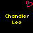 A static pixel art image with a black background, featuring a pink heart symbol above two identical yellow text blocks reading "Chandler Lee".