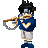 Pixelated character in blue top and gray pants plays wooden flute with left hand, right hand holding chain; black spiky hair, silver headband.