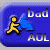 Animated contact sheet of 8 AIM buddy icons featuring a yellow stick figure running with a blue flag on a purple background, displaying text variations including 'bad AOL', '.NO cookie', and 'MIX' across frames.