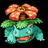 Pixelated green creature with pink flower-like structures on its head, smiling face, and visible eyes against a black background.