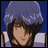 Pixelated anime-style character with light purple hair and brown eyes, wearing a white and purple outfit against a blue background.