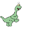 Green dinosaur with yellow eyes and blue feet in multiple walking poses against gray background.