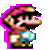 Pixelated Mario character in two poses with pink outline, blue overalls, red cap, black mustache, and white gloves against gray background.