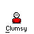 Pixel art animation of a red-shirted figure with white head performing actions like falling, disassembling into parts, and reassembling under 'Clumsy' text.