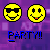 Pixelated yellow smiley faces with sunglasses and open mouths appear in two above blue text reading 'PARTY!!' on a purple background