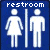 Blue background with white restroom symbols; female figure on left, male figure on right separated by vertical line. Text "restroom" above each symbol.