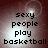 Four identical display text 'sexy people play basketball' over a dark red background with a bright central light effect