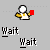 Pixelated character with white head and yellow arms holds red square, displayed above text phrases on gray background.