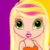 Pixelated cartoon-style icon of a blonde girl with green eyes, pink lips, and an orange top against a purple and yellow background.