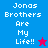 Pixelated text "Jonas Brothers Are My Life!!" on blue and pink backgrounds with star symbols, displayed in a