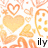 Pixelated image with multiple heart shapes in orange and yellow tones on white background, featuring a small black text fragment 'ily' at bottom right.