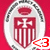 Six identical red and white shield emblems arranged in a on a solid red background, with three small animated red arrows pointing left