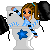 Pixel art of a girl with brown hair in a ponytail, blue eyes, and light skin standing on a toilet, holding black balloons while text reads 'help! I think I've fallen in' to the right.