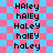 Pixelated text 'HAley' variations on a pink and blue checkered background with subtle lines