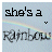 Pixelated text reads 'she's a' above a rainbow gradient, with the word 'Rainbow' below it in low-resolution pixel art style.