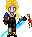 Pixel art character with spiky blonde hair, blue eyes, black outfit with red and yellow accents holding a glowing blue sword and small orange-and-blue object.