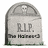 Pixelated grayscale tombstone icon with 'R.I.P.' and partial name text, arched top, grass at base.