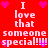 Red background with white pixelated text reading "I love that someone special!!!" surrounded by pink heart icons.